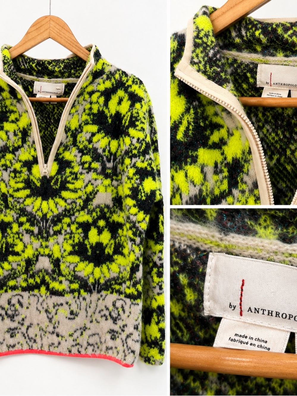 Anthropologie Neon Green, Black and Cream Patterned Quarter-Zip Fleece